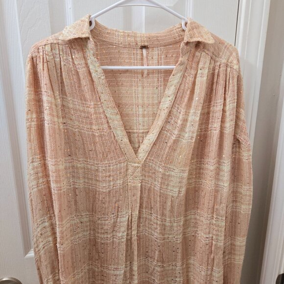 Free People Button up Shirt Large Bohemian Beige Peach Metallic Sequin Blouse - Picture 8 of 10